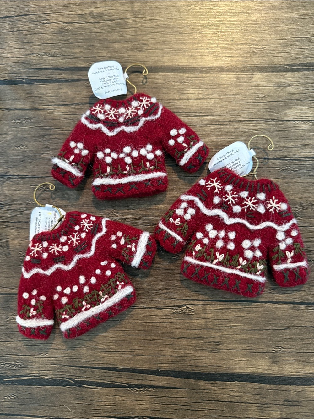 Crate&Barrel Felted Red Sweater Ornaments. Set of Three.